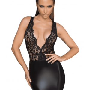 F214 Mini-robe en dentelle et Powerwetlook avec décolleté