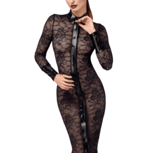 F376 Noirelle Robe à boutons mi-longue en dentelle